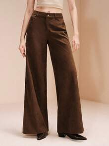 Revavyn Revavyn Women's Corduroy Coffee Brown Straight Leg Extra Long Pants Plain Woven Fabric With Zipper Closure - Coffee Brown - View 4