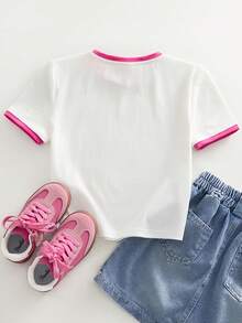 TOM & JERRY X SHEIN Tween Girls' Casual Heart & Cartoon Graphic Round Neck Short Sleeve T-Shirt, Summer - White - View 2