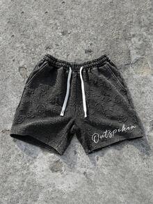 ROMWE MEN Essentials Shorts Masculinos com Cordão na Cintura, Bolso Inclinado e Bordado de Floco de Neve e Letra - Preto - Visão 1