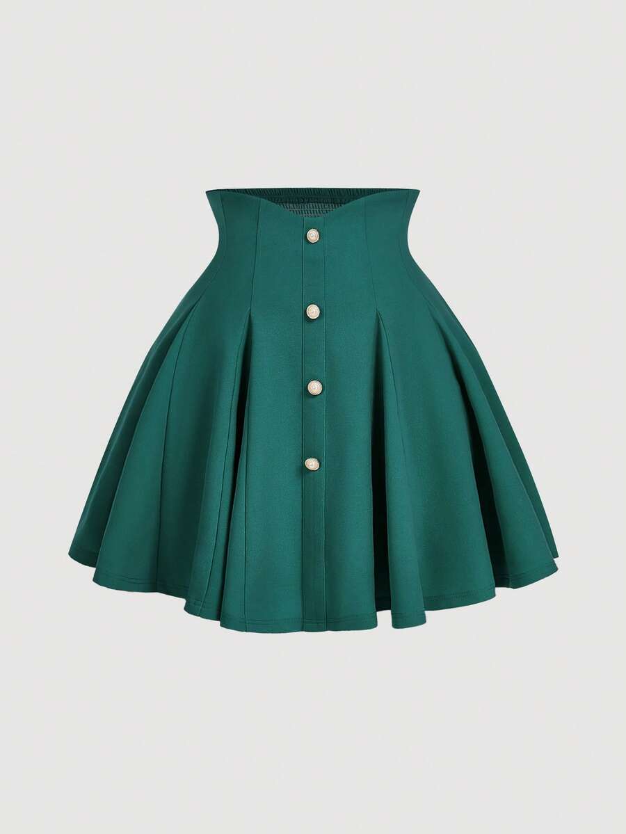 SHEIN MOD 大码女式高腰半身裙，饰有仿珍珠纽扣，复古宫廷风，适合上学、约会、派对、度假、下午茶、生日聚会、夏季、复活节、锐舞音乐节、演唱会、早午餐、商务休闲等场合。 - 墨綠色 - 查看 1