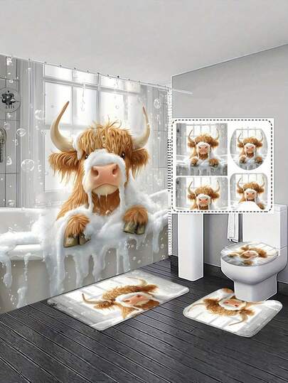 1/4 Pcs Cute Highland Cow Bathroom Set Red Hat Shower Curtain, Bath Mat And Toilet Seat Cover - Adorable Farm Animal Design Bathroom Decor