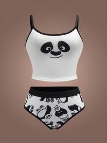 Kung Fu Panda X SHEIN Bộ áo ngực và quần lót in hình gấu trúc hoạt hình tương phản dành cho nữ - Đen và trắng - Xem 1