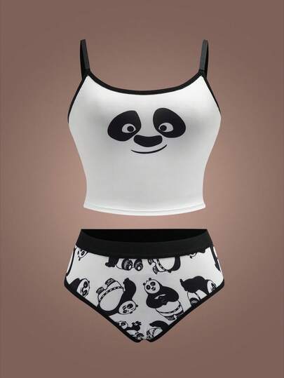 Kung Fu Panda X SHEIN Bộ áo ngực và quần lót in hình gấu trúc hoạt hình tương phản dành cho nữ