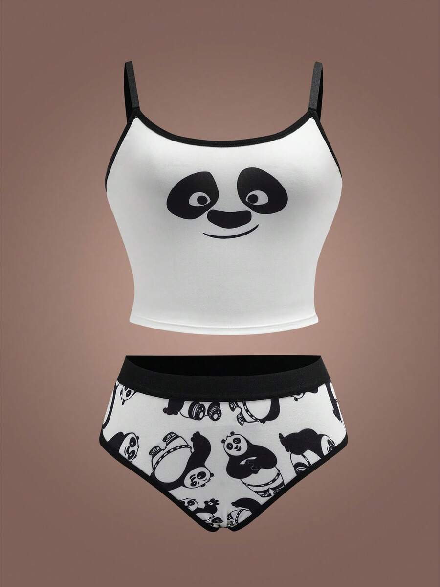 Kung Fu Panda X SHEIN Bộ áo ngực và quần lót in hình gấu trúc hoạt hình tương phản dành cho nữ - Đen và trắng - Xem 1
