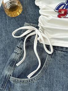 SHEIN Teen Girls' Letter Print Knit Camisole, Retro American Casual Everyday Versatile Streetwear, Suitable For Photoshoot With Friends - Apricot - View 5