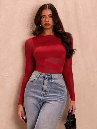 SHEIN BAE Women's Sexy Black Round Neck Sheer Hollow-Out Mesh Patchwork Asymmetric Bodysuit, Summer