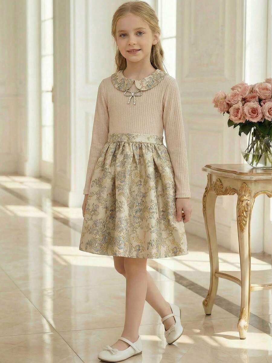 PrepCrw 1 chiếc váy dài tay cổ bẻ họa tiết nơ trang trí kiểu thành thị thanh lịch cho bé gái tuổi teen, thích hợp cho các buổi đi chơi thường ngày, tụ tập, lễ hội, tiệc tùng, mùa thu, mùa đông, mùa xuân