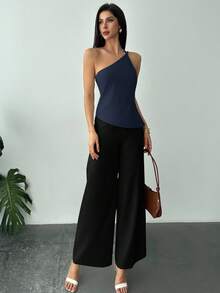 Firerie 新款优雅杏色亚麻不对称下摆褶皱腰部露背休闲衬衫，春夏款 - 藏蓝色 - 查看 6