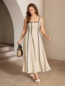 Roveilla Đầm maxi cỡ lớn dành cho nữ mùa xuân/hè, phong cách Pháp lãng mạn, Sicily thanh lịch, thường ngày, công sở, bohemian, đi nghỉ mát, tiệc trà chiều, cổ vuông, viền tương phản, eo chun, gấu xòe, màu be, đầm dài đến mắt cá chân cho nữ, đầm hè thanh lịch, đầm dành cho người có thân hình đầy đặn, đầm thanh lịch, đầm hè cho nữ, đầm nữ dự tiệc, đầm nữ, đầm nữ thanh lịch cổ điển, đầm ấn tượng, đầm thanh lịch cho nữ, đầm cổ điển cho nữ, đầm dự tiệc cho nữ. - Màu be - Xem 3