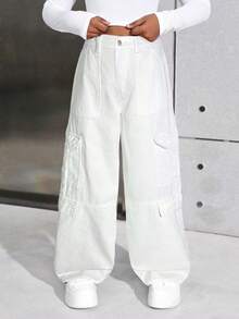 SHEIN Tween Girls Y2K Spring Summer Trending Solid Washed High Waist Flap Pocket Baggy Straight Leg Cargo Jeans,Girls Summer Clothes Back To School Streetwear Outfits,Beach Boho Concert Wide Leg Pants Rave Outfits Festival,Graduation Outfit - White - View 5
