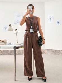 Ritzy Row 绿色女士条纹无袖上衣和宽松长裤两件套 - 咖啡棕 - 查看 2