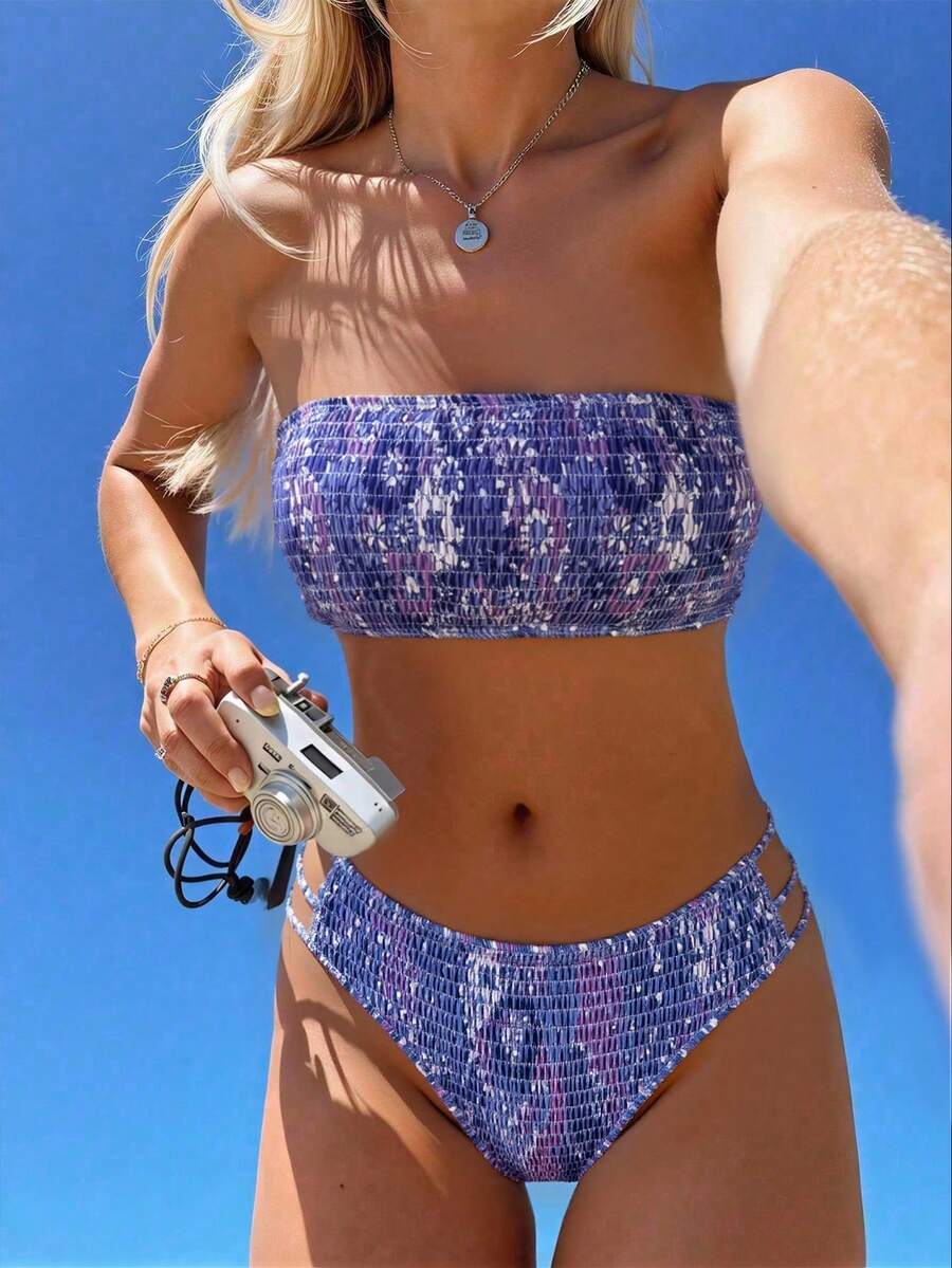 Swim Mod 2026 Spring/Summer Women's Halter Ditsy Floral Backless Sexy Vacation Side High Cut Bikini Swimsuit 2 Pieces Set Bandeau Bikini