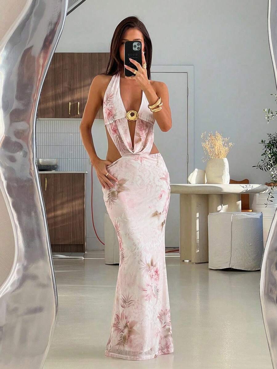 Aloruh Đầm nữ đi nghỉ mát cổ chữ V sâu hình sao biển, màu trơn, chất liệu có họa tiết, kiểu yếm, hở lưng, xẻ cao. - Màu Hồng baby - Xem 1