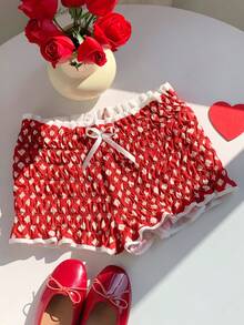 Comfortcana Women's Cute Red And White All-Over Print Frill Waist Bow Decor Ruched Shorts,Summer Lounge Beach Vacation Valentine's Day Spring Y2k Graphic Shorts - Red and White - View 1