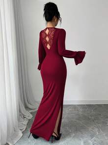 Modelyn Đầm dài tay xếp ly ôm dáng, màu trơn, phối ren, dành cho nữ. - Màu Đỏ Sâu - Xem 8