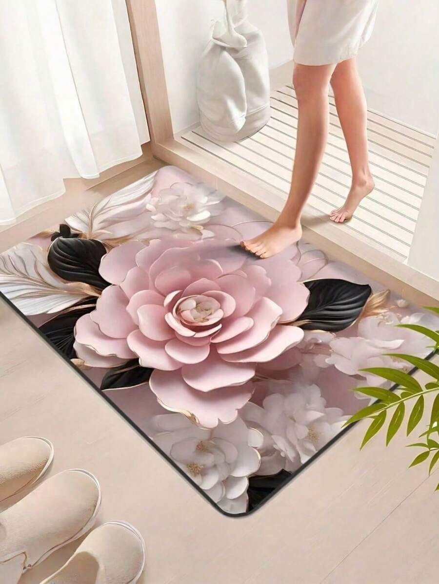 1pc Unique Floral Diatomite Bath Mat, Floor Carpet, Suitable For Bathroom And Toilet - Pink - View 1