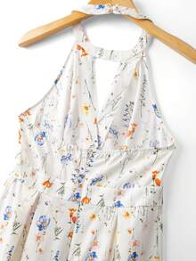 SHEIN Franclia Franclia 女士优雅度假风圆领镂空性感露背碎花连衣裙，碎花连衣裙，春夏款 - 杏色 - 查看 4