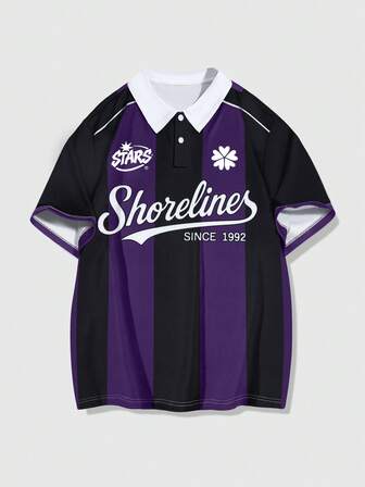 Prep Polo à manches courtes pour hommes avec imprimé lettres et rayures, couleurs contrastées