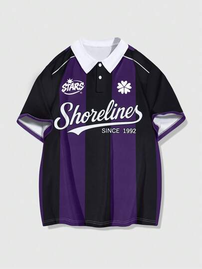 Prep Polo à manches courtes pour hommes avec imprimé lettres et rayures, couleurs contrastées