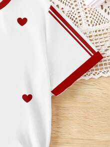 Tween Girl Cute White And Red Heart Striped Graphic Print T-Shirt,Summer School Casual Personalized Fresh Short Sleeve Contrast Color Comfortable Top - Multicolor - View 8