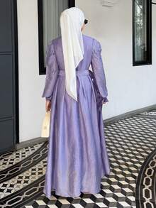 DAZY Women's Elegant Solid Color Stand Collar Puff Sleeve Belted Long Dress, Spring/Summer Vacation Maxi Dress Sundress - Purple - View 2