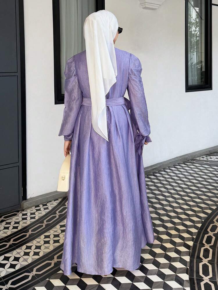 Women's Elegant Solid Color Stand Collar Puff Sleeve Belted Long Dress, Spring/Summer Vacation Maxi Dress Sundress