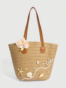 ROMWE Fairycore 1 pieza Bolso de playa de paja con diseño floral de gran capacidad, con decoración de concha, caracol, coral y perla con temática de vacaciones para mujer - Marrón claro - Ver 1