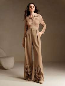 Anewsta Petite Women's Khaki Office Pants With Embroidered Hem, Suitable For New Year - Khaki - View 3