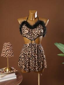 SHEIN Camisón sexy de mujer con estampado de leopardo, parches de malla transparente y ribete de peluche con hebilla redonda y cordones - Multicolor - Ver 6