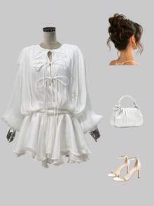Cévolie White Lace-Up Lantern Sleeve Top & Ruffled Hem Midi Dress Set - White - View 2