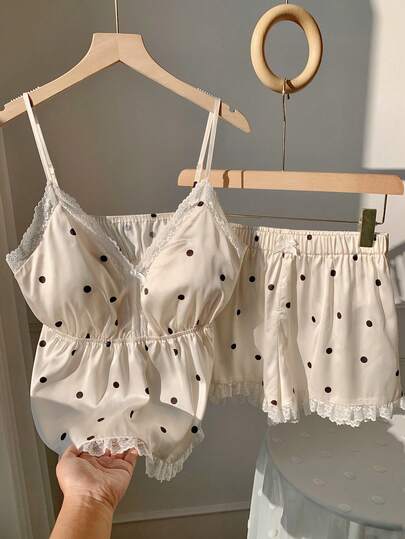 Comfortcana 2026 New Arrival Spring/Summer Fashionable Summer Knitted Camisole Top With Padded Bra And Shorts Lace Trim Set Summer Outfits For Women Valentine's Day Beach Outfit  Vacation Outfits Women 2000s Style Polka Dot Sets