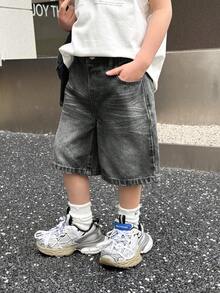 SHEIN 男童夏季复古水洗猫须宽松蓝色牛仔百慕大短裤，男童春夏街头服饰及春假穿搭 - 黑色 - 查看 3