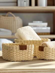 1个编织篮，3件套（小号+中号+大号）编织收纳篮，纸绳编织带提手篮，小型编织收纳篮，可爱装饰礼品篮，储物容器，橱柜抽屉收纳篮，卧室收纳篮，客厅收纳篮，宿舍收纳篮，桌面收纳篮，乡村风装饰篮，波西米亚风可重复使用收纳篮，适用于文具、衣柜收纳篮、玩具收纳篮、化妆品收纳篮，桌面收纳篮，理想礼品篮 - 米色 - 查看 8