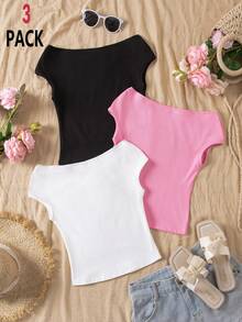 Sparklyn Bộ 3 áo thun hở vai ôm sát cho bé gái, phong cách du lịch, nhiều màu - Nhiều màu - Xem 2