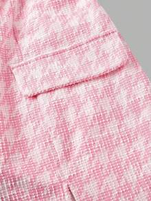 SHEIN MOD 大码女式二合一束腰长袖荷叶边西装外套，半正式场合，新年装扮，商务休闲装，办公室穿着，优雅大方，大学生情人节粉白斜纹软呢西装外套 - 粉色 - 查看 4