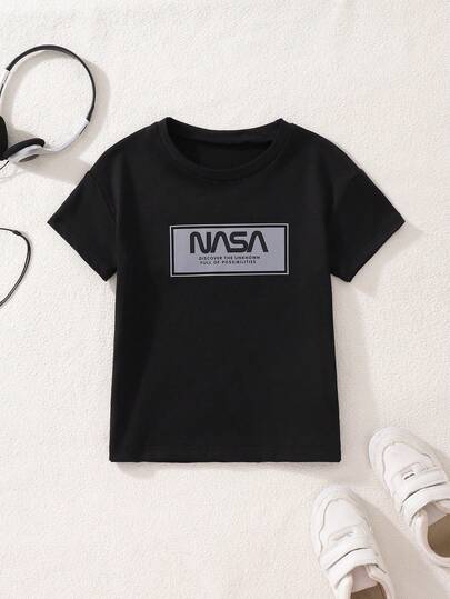 SHEIN Genkimix Kids Young Boy Letter Print Short Sleeve T-Shirt, Casual & Comfortable