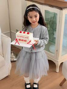 DAZY Young Girl Fashion Party Ladylike Button-Front Cardigan And Mesh Skirt Set, Suitable For Birthday Party - Light Grey - View 4