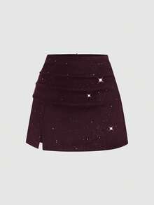 Sweetra Chân váy ngắn dự tiệc ôm sát, xếp ly bất đối xứng, đính sequin, khóa kéo, gợi cảm dành cho nữ. - Màu Đỏ Sâu - Xem 3