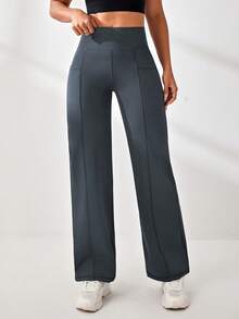 Easithlete Women's High Waist Solid Color Flared Sporty Pants With Pockets - Dark Grey - View 5