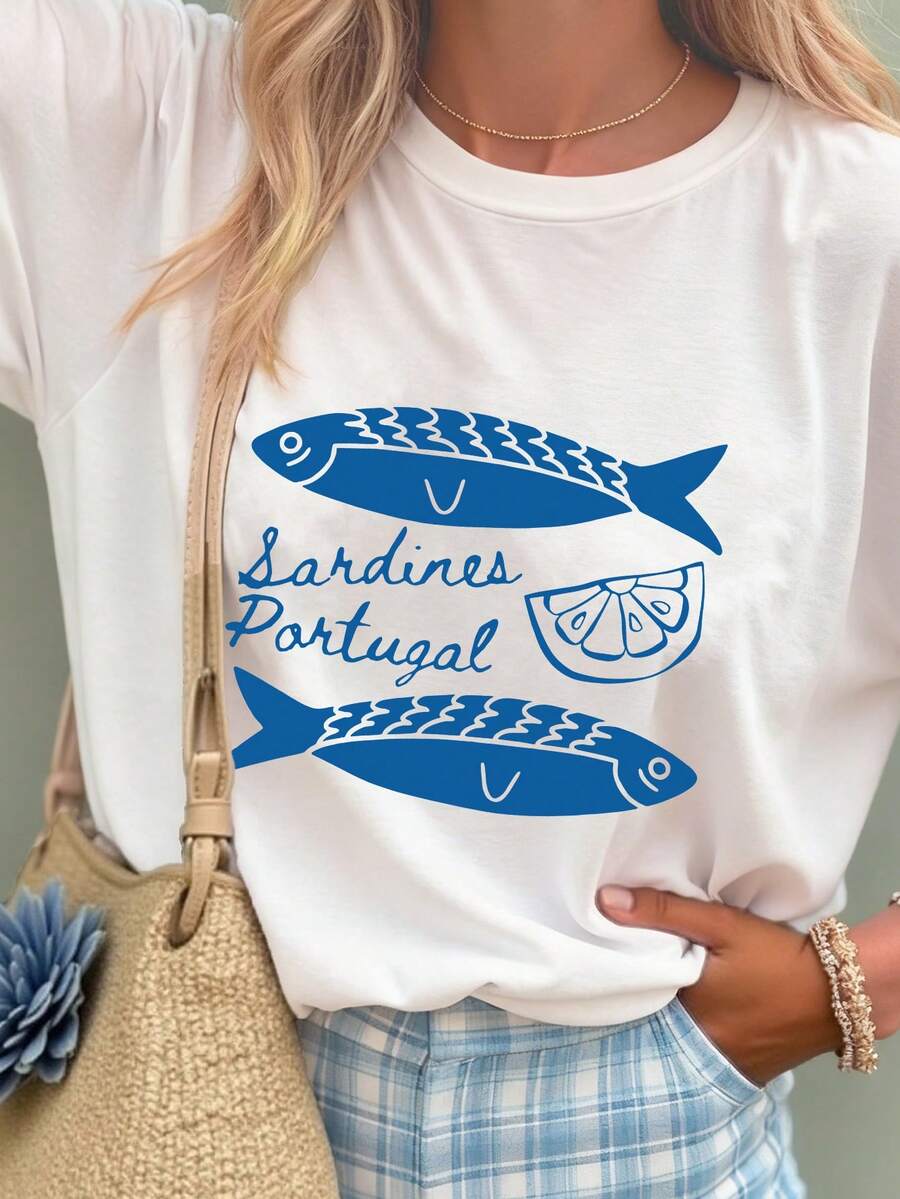 INAWLY 女士宽松T恤，度假T恤，鱼印花T恤，宽松沙滩T恤 - 白色 - 查看 1