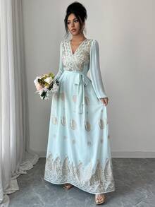 Yasmyna Women's Elegant Floral Print Cross V-Neck Belted Lantern Sleeve Dress - Green - View 5