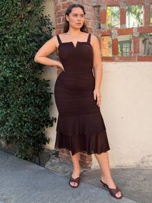 Nezia Cruz Plus Size Women's V-Neck Ruched Ruffle Hem Midi Bodycon Dress, Vacation Party Dress,Fall Clothes For Women - Coffee Brown - View 1