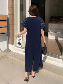 DAZY Women's Elegant Textured Patchwork Round Neck Mid-Length Dress, Summer