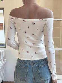 DAZY Women's Off-Shoulder Casual Vacation Ditsy Floral Print T-Shirt, Suitable For Spring/Summer, Beach - White - View 2