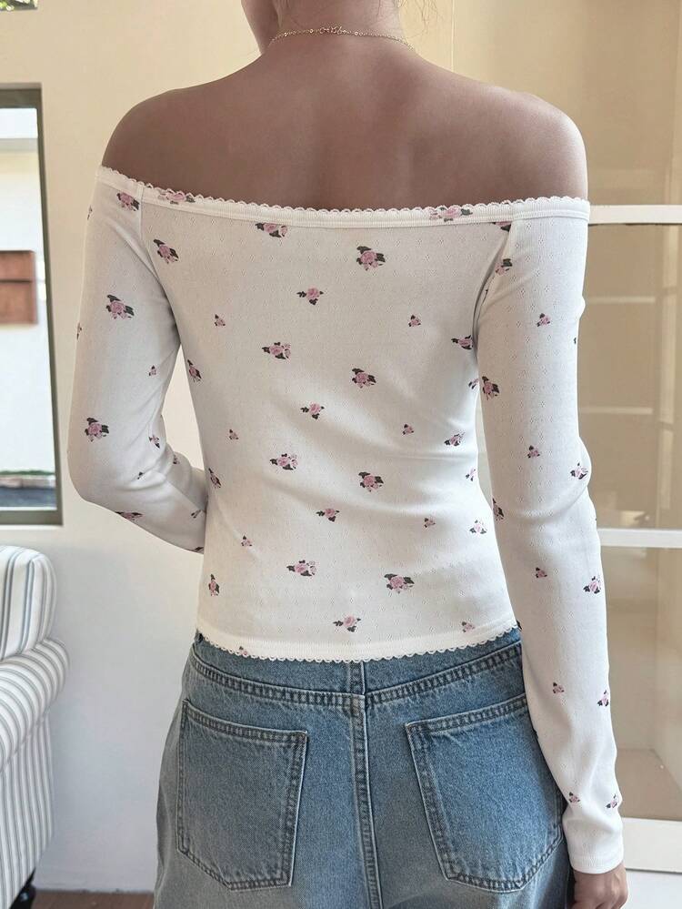 Women's Off-Shoulder Casual Vacation Ditsy Floral Print T-Shirt, Suitable For Spring/Summer, Beach