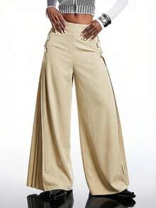 LYSMO 新款极简主义春季女装纯色系带褶裥复古阔腿裤、卡其色裹身长裙、系带腰褶裥裙 - 卡其色 - 查看 5