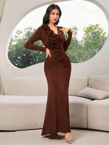 Modelyn Women's Elegant 3D Floral Decor Ruched Long Sleeve Dress,Coffee Brown Chocolate Autumn Formal Dress For Dining,Classy Wedding Guest Solid Color Gown - Coffee Brown - View 3