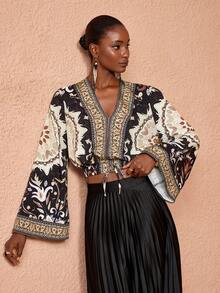 JIAN LASALA All-Over Print Woven V Neck Flared Bell Long Sleeves Elastic Waist Drawstring Loose Women Top For Women Resort Wear Beach Wedding Guest - Multicolor - View 6