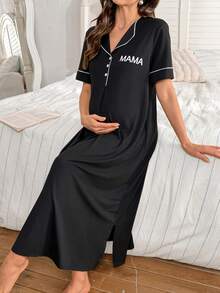 Vestido/camisón de maternidad largo de manga corta con botón a presión, bolsillo delantero, estampado de letra "MAMÁ" en tela cómoda de unicolor - Negro - Ver 7