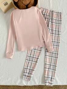 Bộ 2 món đồ mặc nhà in hình gấu dễ thương cho bé gái tuổi teen và quần legging kẻ caro cổ điển - Nhiều màu - Xem 2